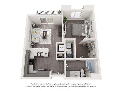 a 3d floor plan of a 1 bedroom192 sq ft